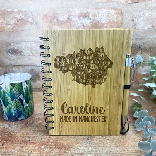 Manchester Map Mancunian Dialect Engraved Notebook Journal Bamboo