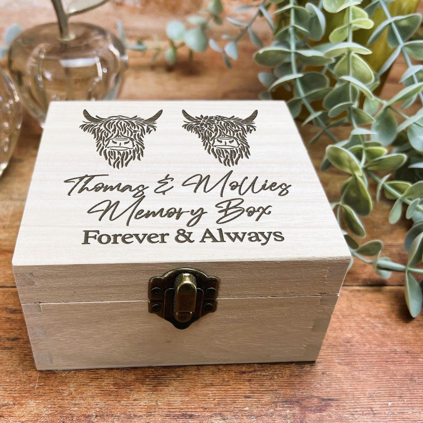 Mr & Mrs Highland Cow Personalised Wooden Memory Keepsake Box Wedding Gift