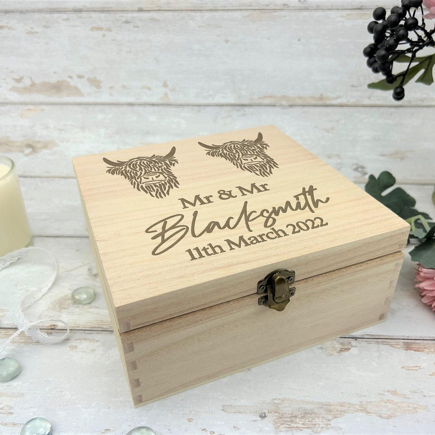 Highland Cow Mr & Mr Gay LGBT Couple Wooden Memory Box Personalised Wedding Gift