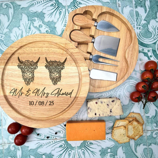 Highland Cow Cheese Board Set Utensils - Wedding / 5th Anniversary - Wooden Engraved Personalised Charcuterie Gift