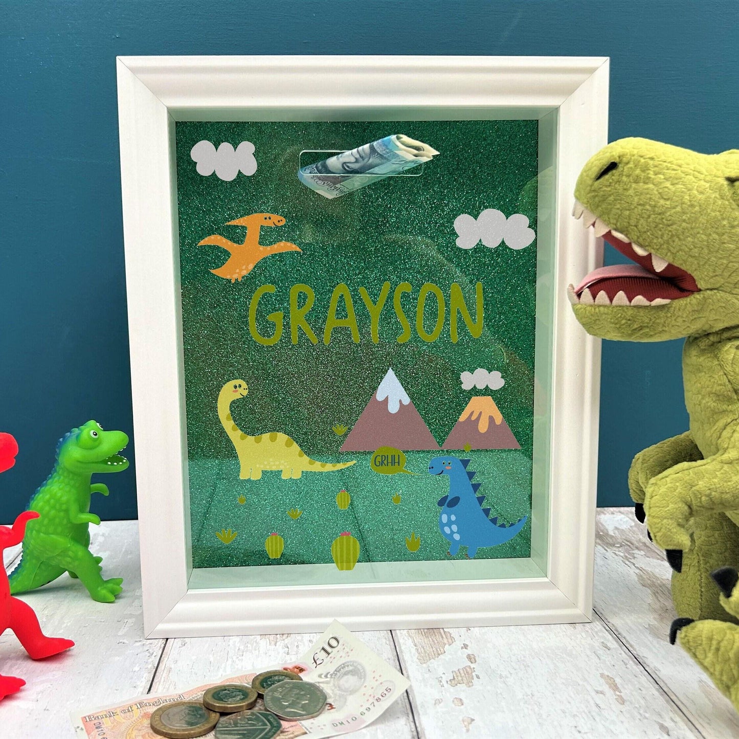 Dinosaur Money Savings Box - Personalised New Baby Christening Gift