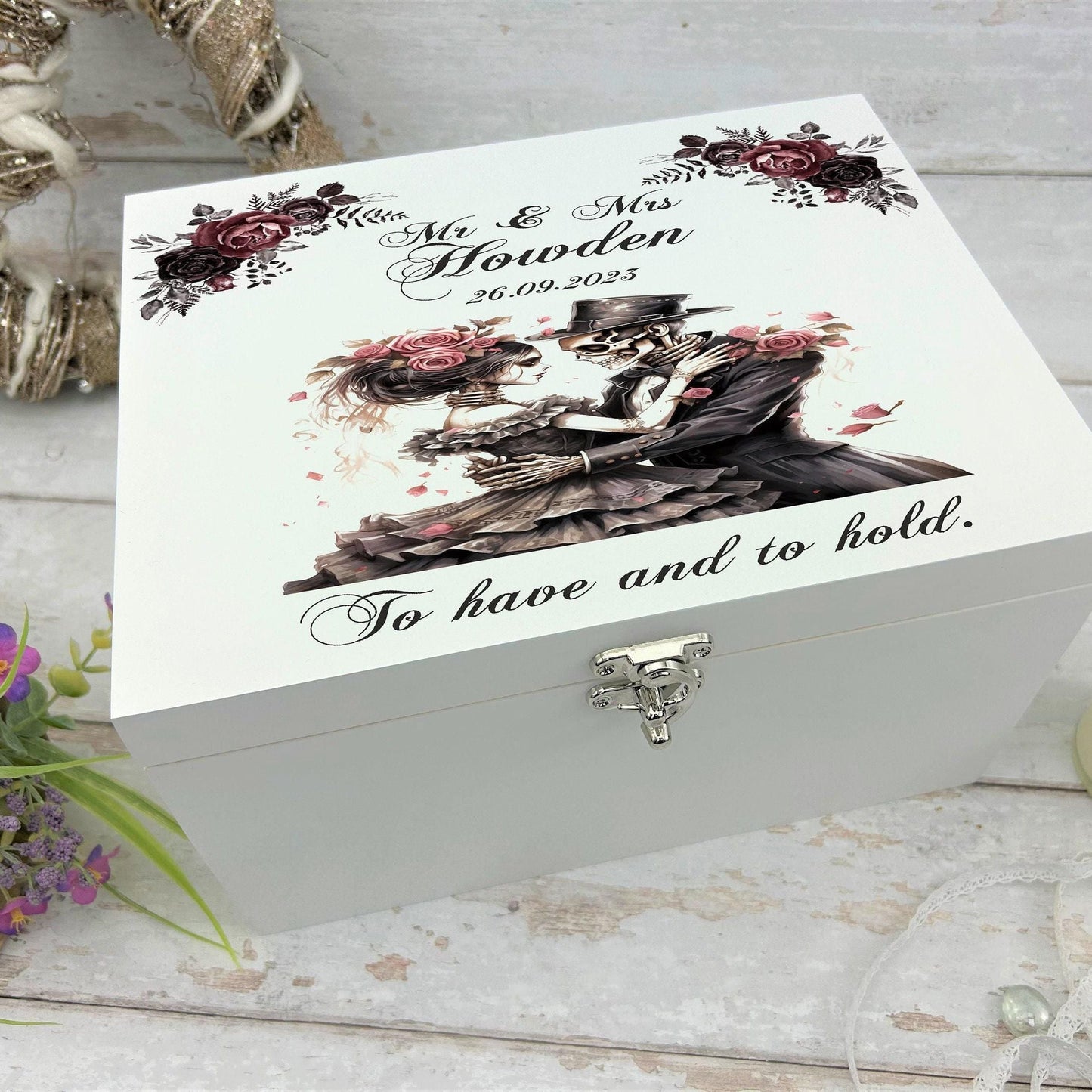Personalised  Skull Couple White Memory / Keepsake Box - Wedding Anniversary Gift - Gothic Couple