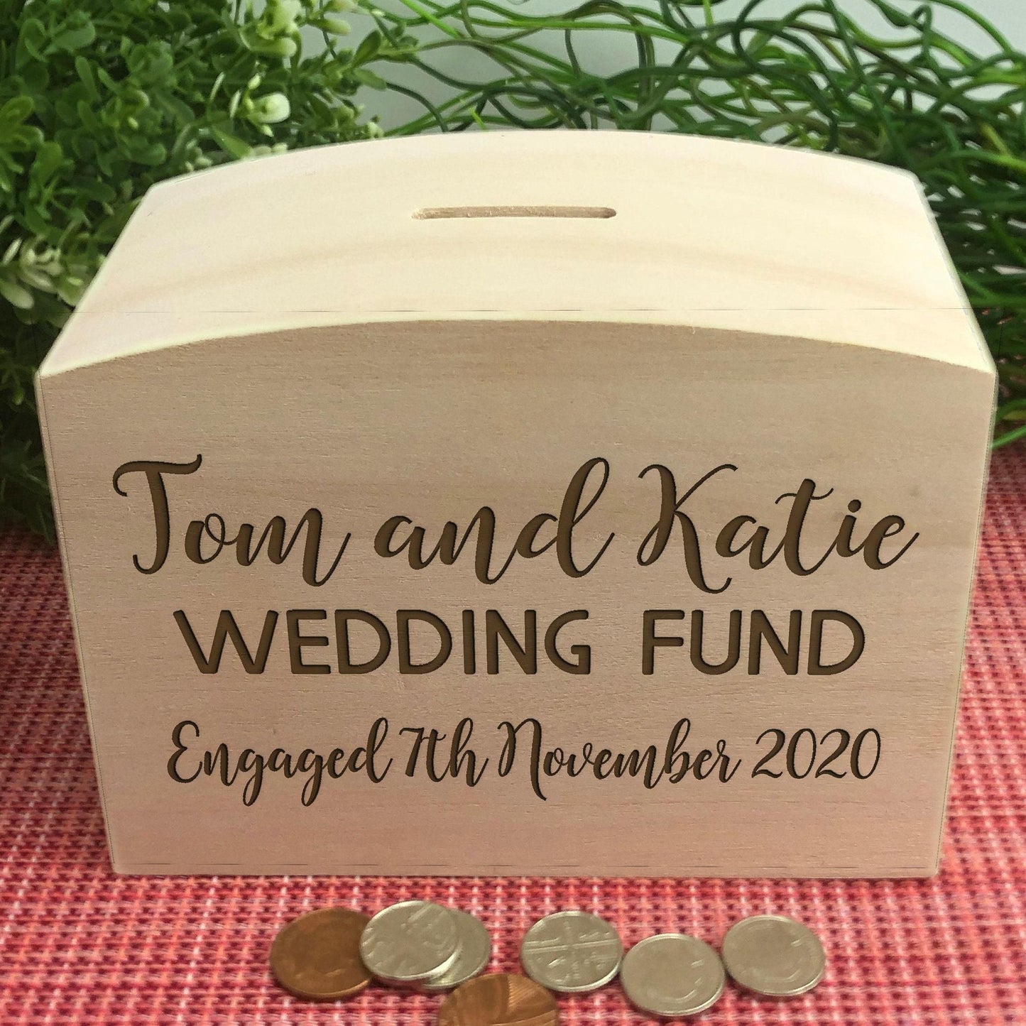 Wedding Fund Wooden Money Box - Personalised Engagement Gift