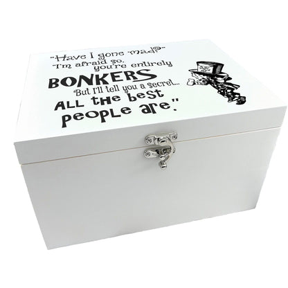 Alice in Wonderland White Wooden Box - Mad Hatter Memory Keepsake Storage Box