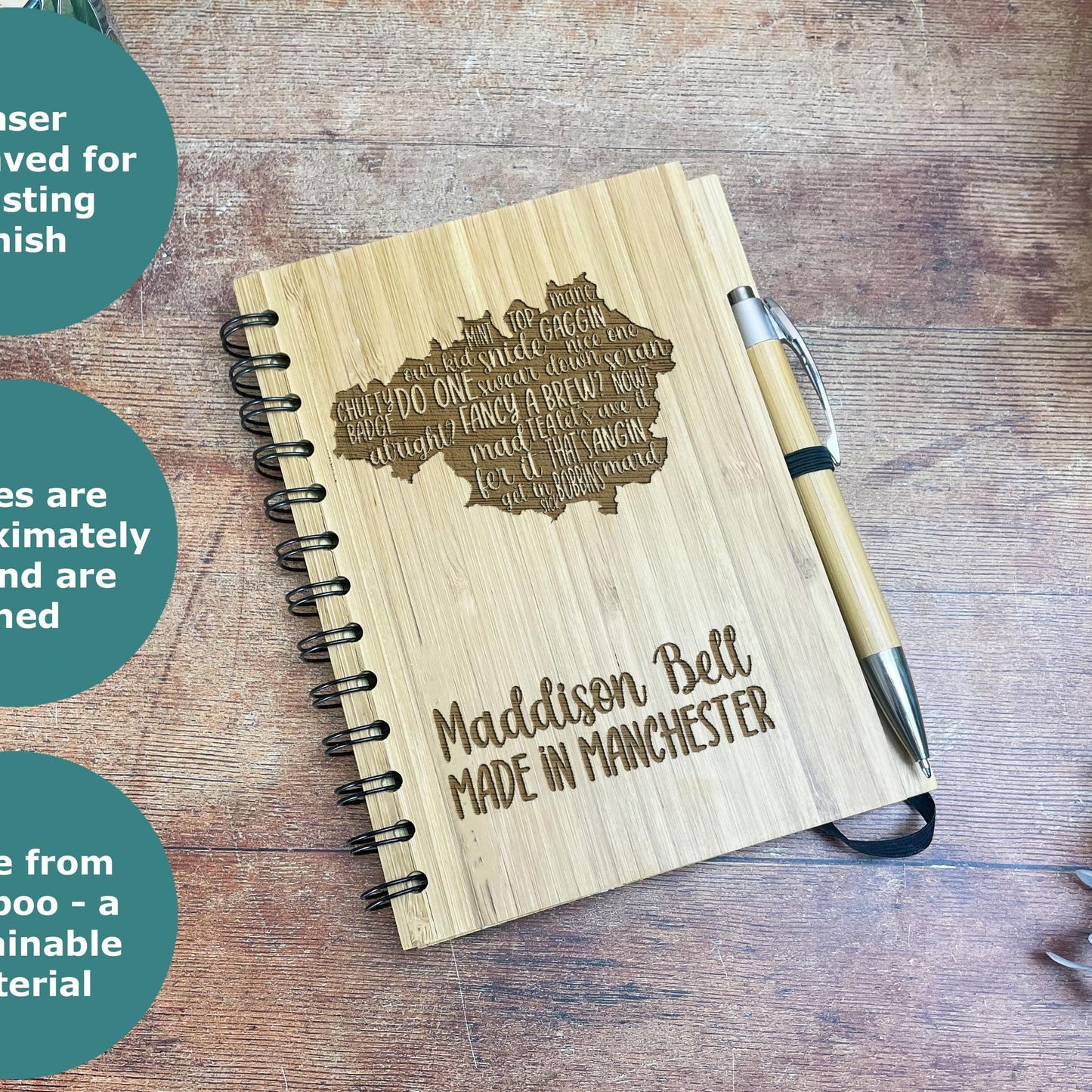 Manchester Map Mancunian Dialect Engraved Notebook Journal Bamboo