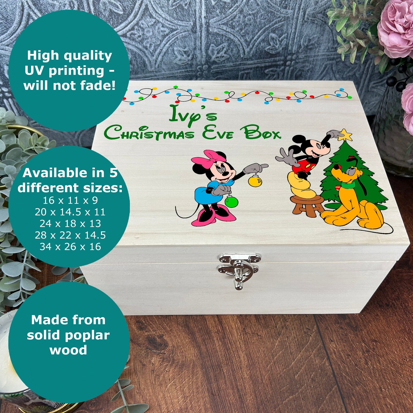 a wooden box with a picture of mickey and pluto on it