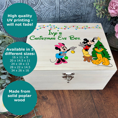 a wooden box with a picture of mickey and pluto on it