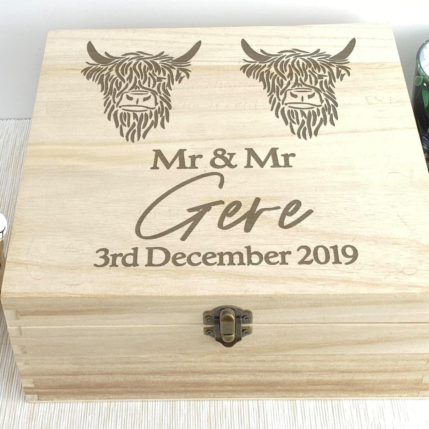 Highland Cow Mr & Mr Gay LGBT Couple Wooden Memory Box Personalised Wedding Gift