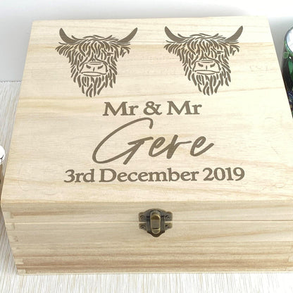 Highland Cow Mr & Mr Gay LGBT Couple Wooden Memory Box Personalised Wedding Gift