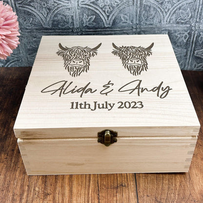 Mr & Mrs Highland Cow Personalised Wooden Memory Keepsake Box Wedding Gift