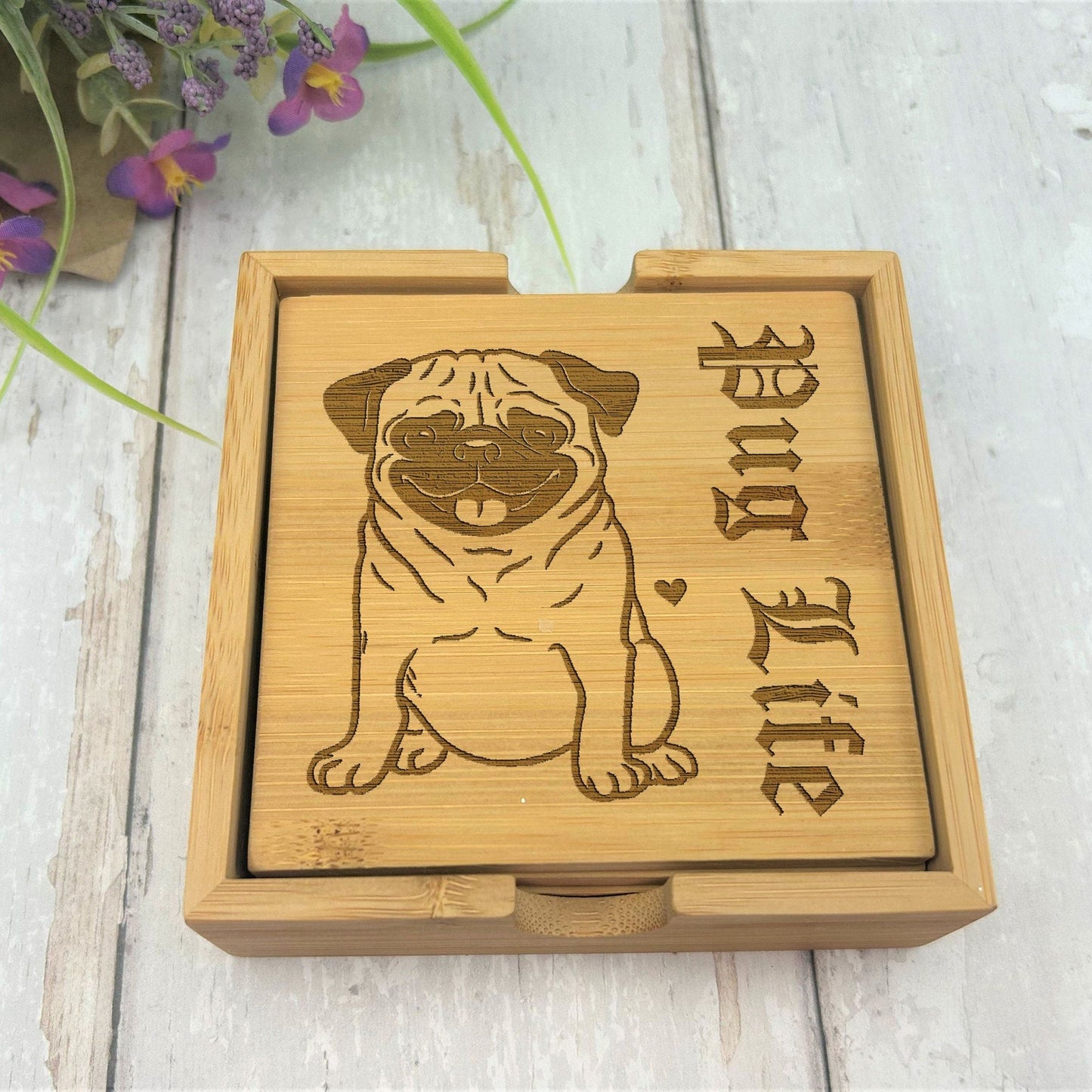 Pug Dog Engraved Bamboo Coaster Set New Home Décor House Warming Gift Christmas Gift Birthday Present Pug Life