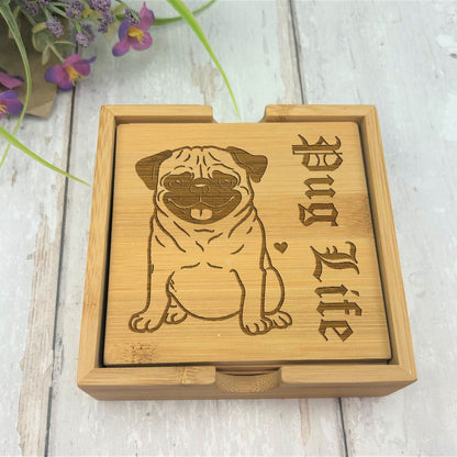 Pug Dog Engraved Bamboo Coaster Set New Home Décor House Warming Gift Christmas Gift Birthday Present Pug Life