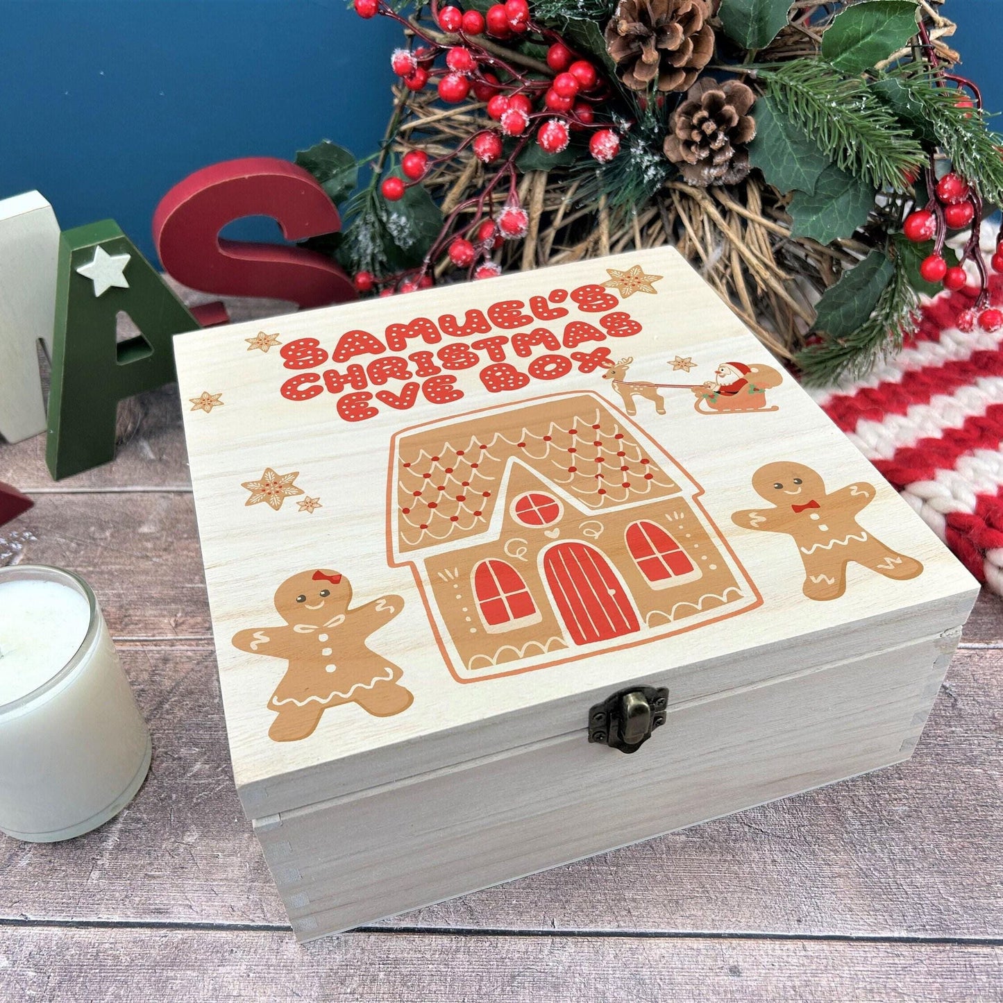 Gingerbread Scene Personalised Wooden Christmas Eve Box Xmas Treats Gift