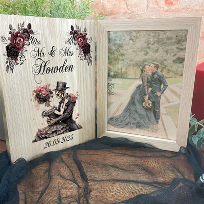 Skull Couple, Wedding, Anniversary Photo Frame Personalised Gothic, Goth, Emo, Horror Themed Gift. Solid Oak UV Colour Printed.