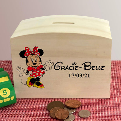 Minnie Mouse Wooden Money Box - Personalised Children's Saving Gift - Birthday Saving Gift