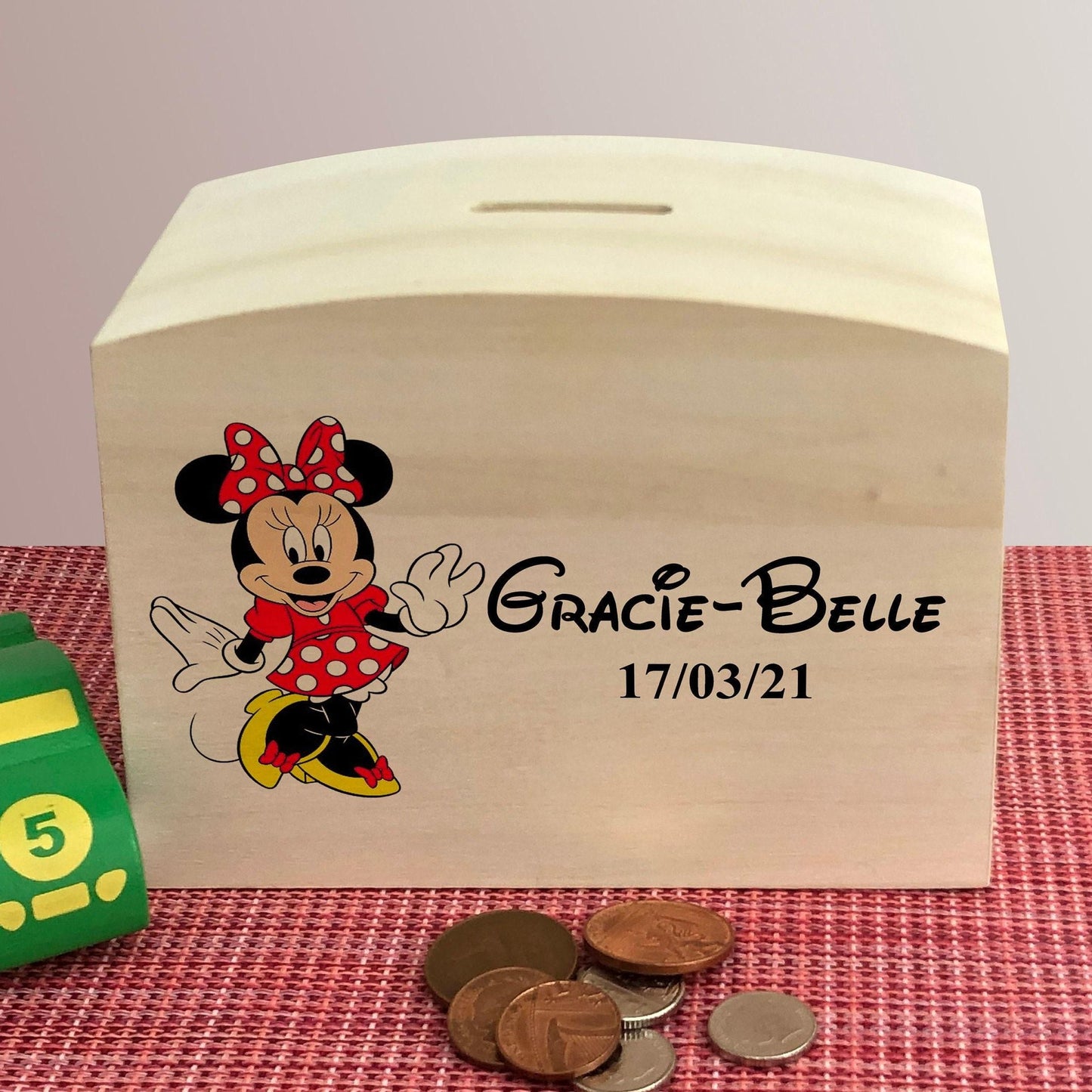 Minnie Mouse Wooden Money Box - Personalised Children's Saving Gift - Birthday Saving Gift