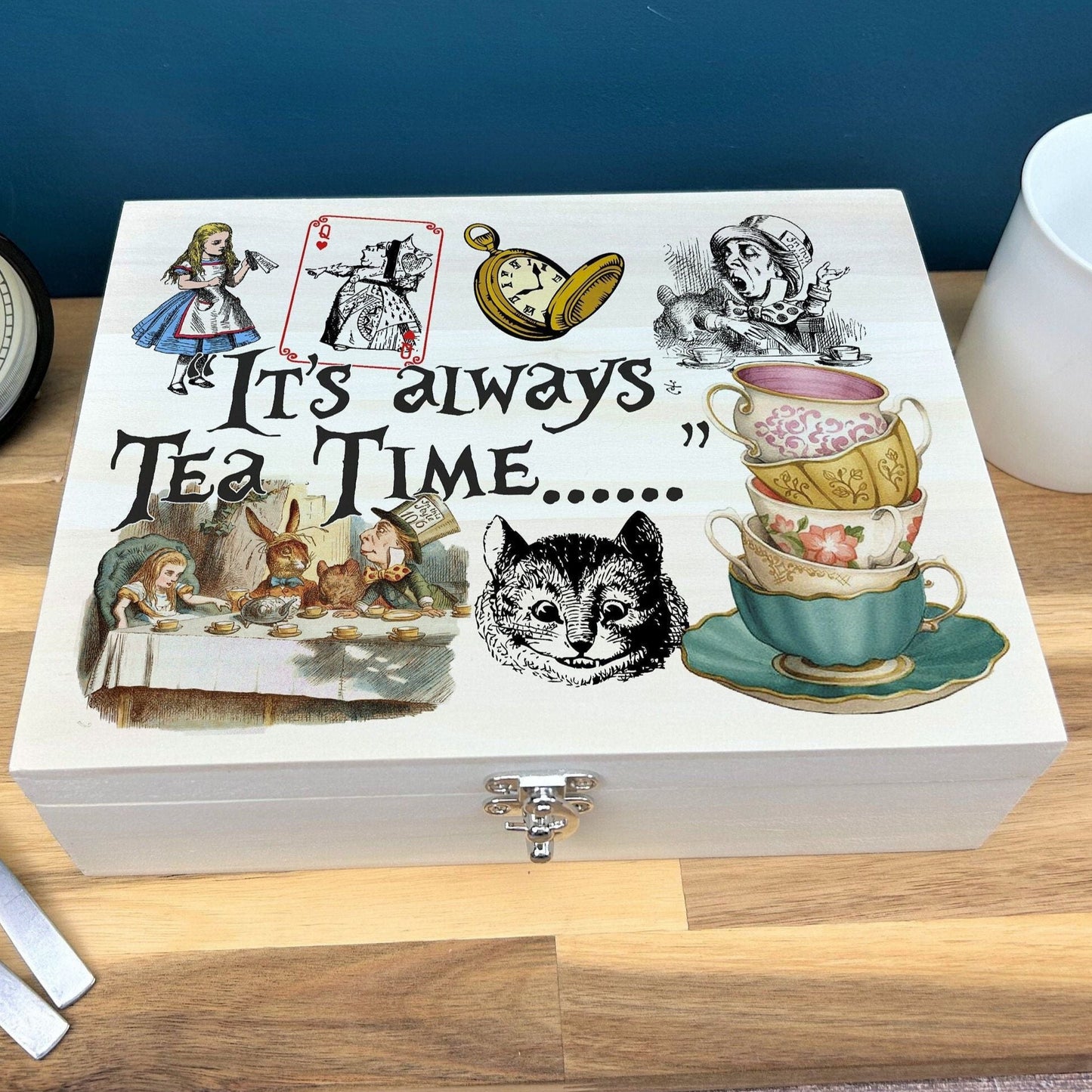 Alice in Wonderland "It's Always Tea Time" Tea Bag Compartment Wooden Box Colourful Illustration