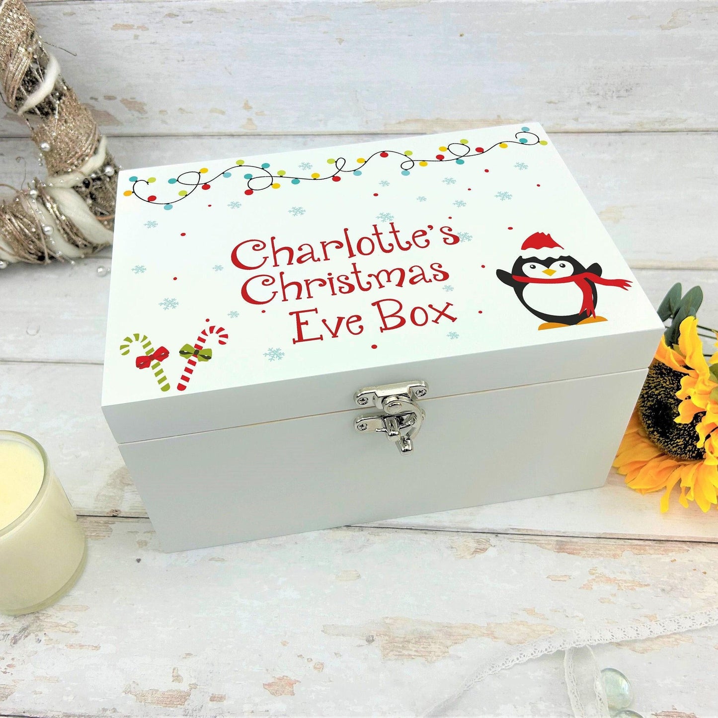 Penguin Christmas Lights Candy Canes XMAS Eve Treats Box - Personalised Festive Gift