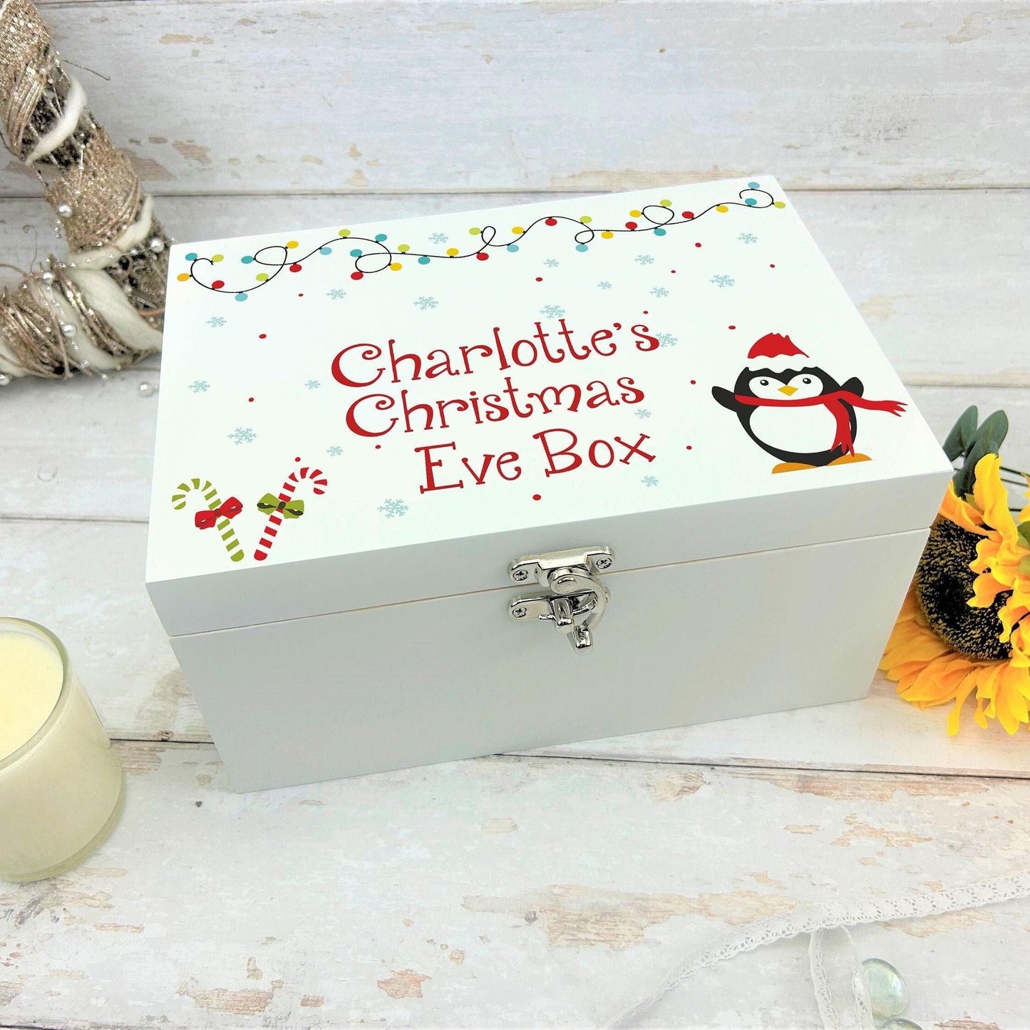 Penguin Christmas Lights Candy Canes XMAS Eve Treats Box - Personalised Festive Gift