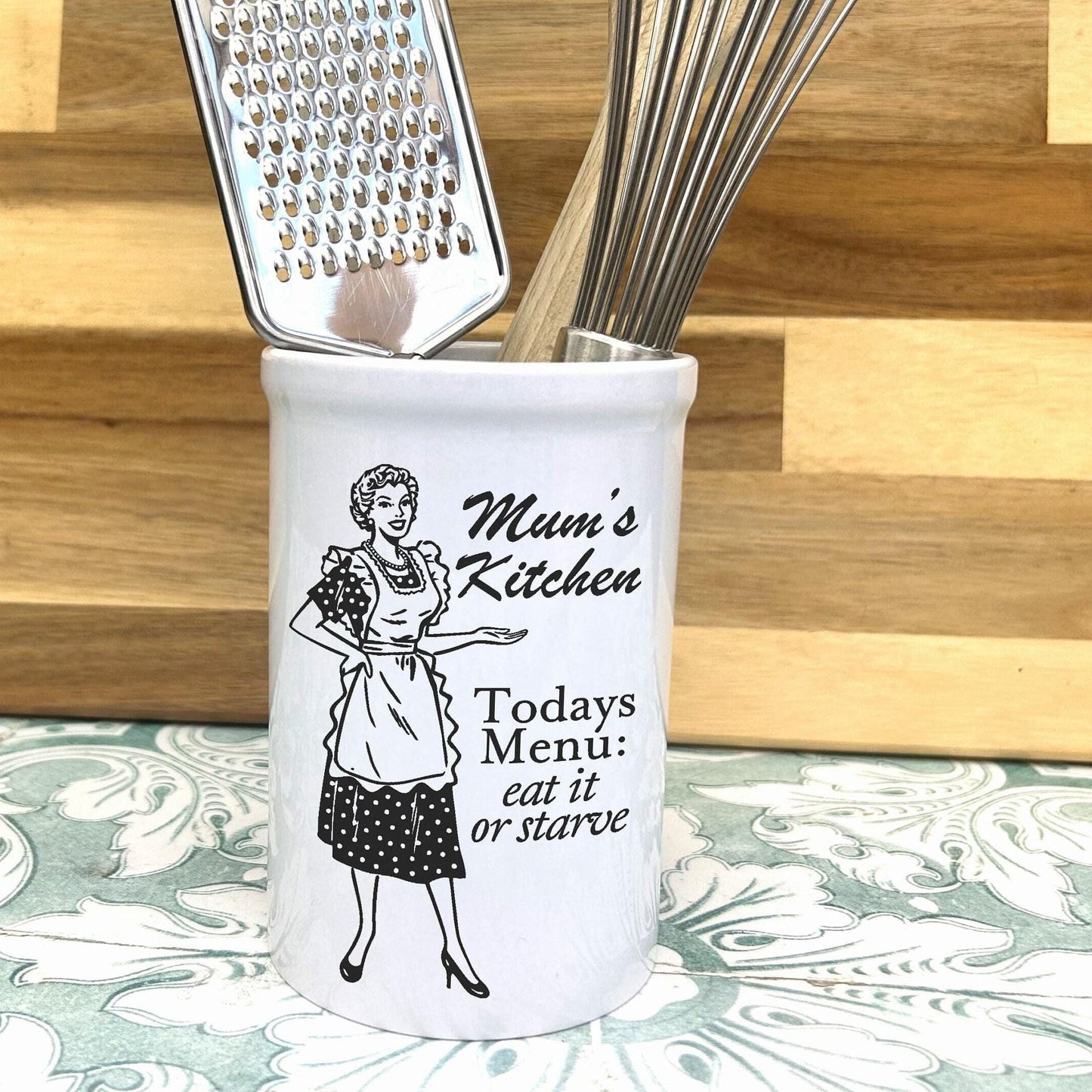 Housewife Illustration Kitchen Utensils Holder - Cutlery Pot - Personalised Gift Housewarming