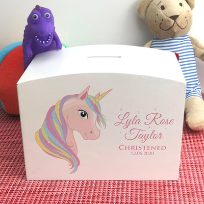 Unicorn Wooden Money Box - Colourful Personalised Birthday Saving Gift