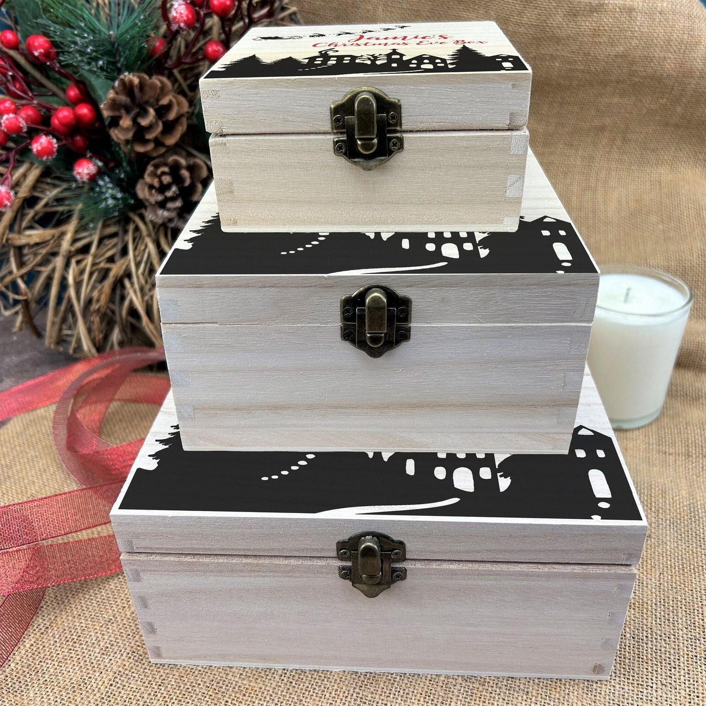 Santa Sleigh Town Silhouette Christmas Eve Treats Personalised Wooden Box