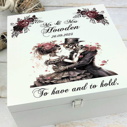 Personalised  Skull Couple White Memory / Keepsake Box - Wedding Anniversary Gift - Gothic Couple