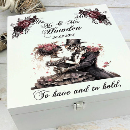 Personalised  Skull Couple White Memory / Keepsake Box - Wedding Anniversary Gift - Gothic Couple