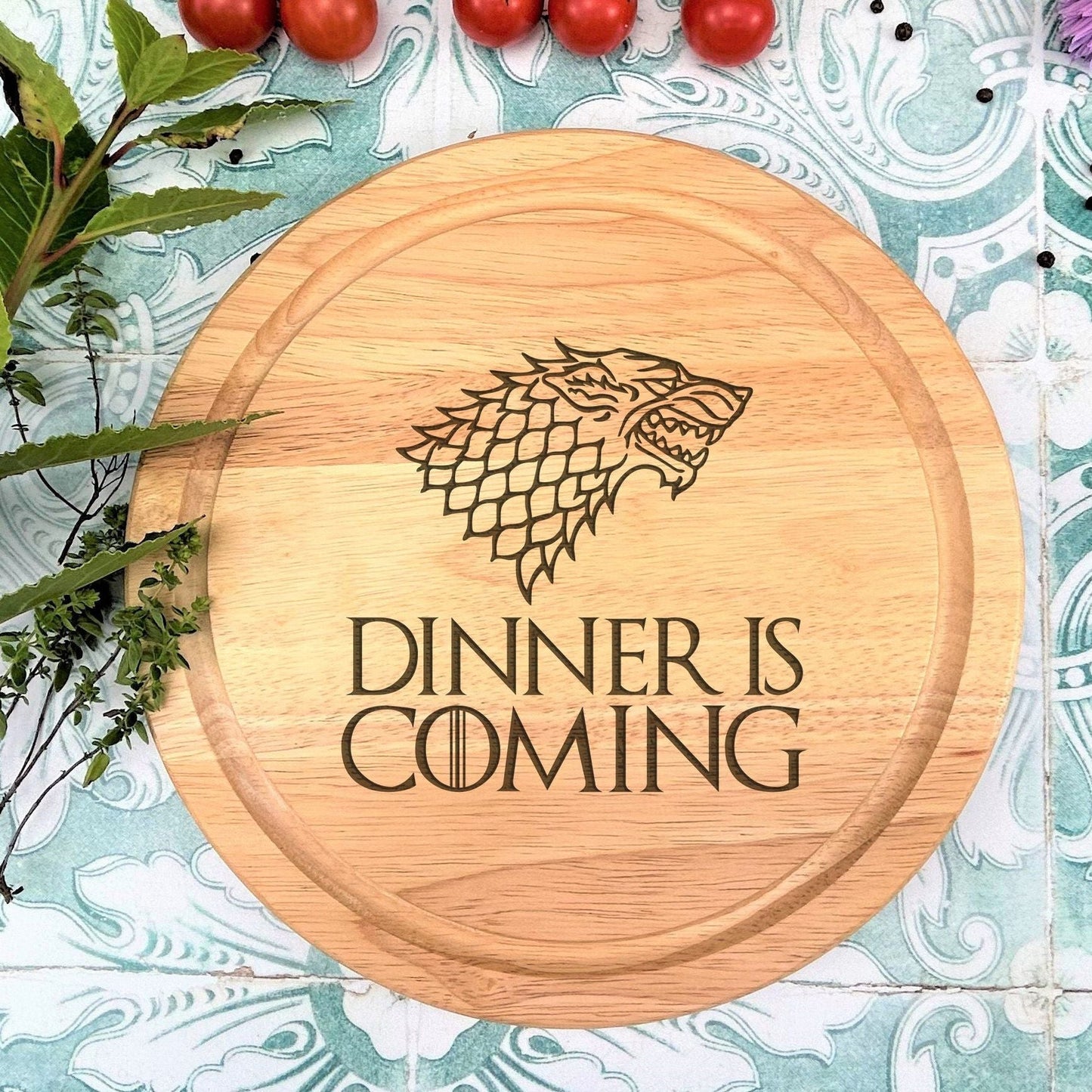 a wooden sign that says dinner is coming