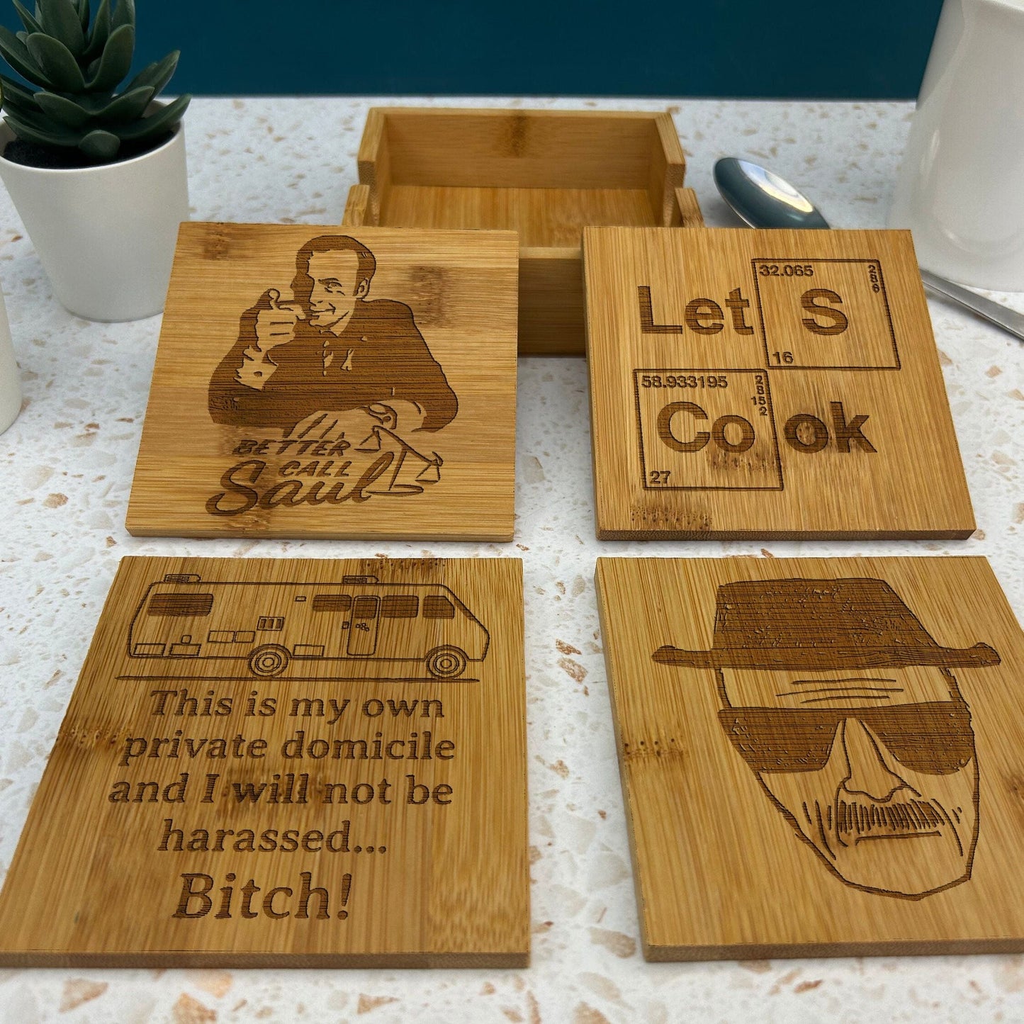 Breaking Bad Heisenberg Walter White Better Call Saul Jesse Pinkman Bamboo Engraved Coaster Set New Home Décor House Warming Gift