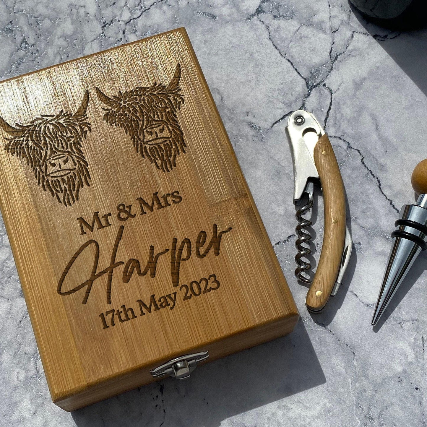 Highland Cow Mr Mrs Personalised Wine Accessory Kit - Wedding Gift