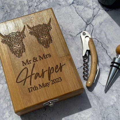 Highland Cow Mr Mrs Personalised Wine Accessory Kit - Wedding Gift
