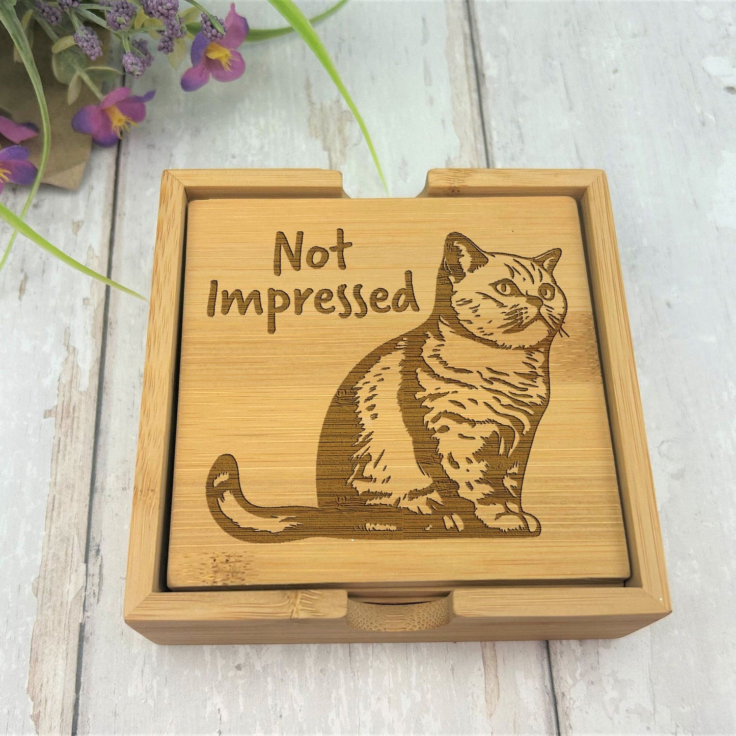Scottish Fold Cat Engraved Bamboo Coaster Set New Home Décor House Warming Gift Christmas Gift Birthday Present Secret Santa