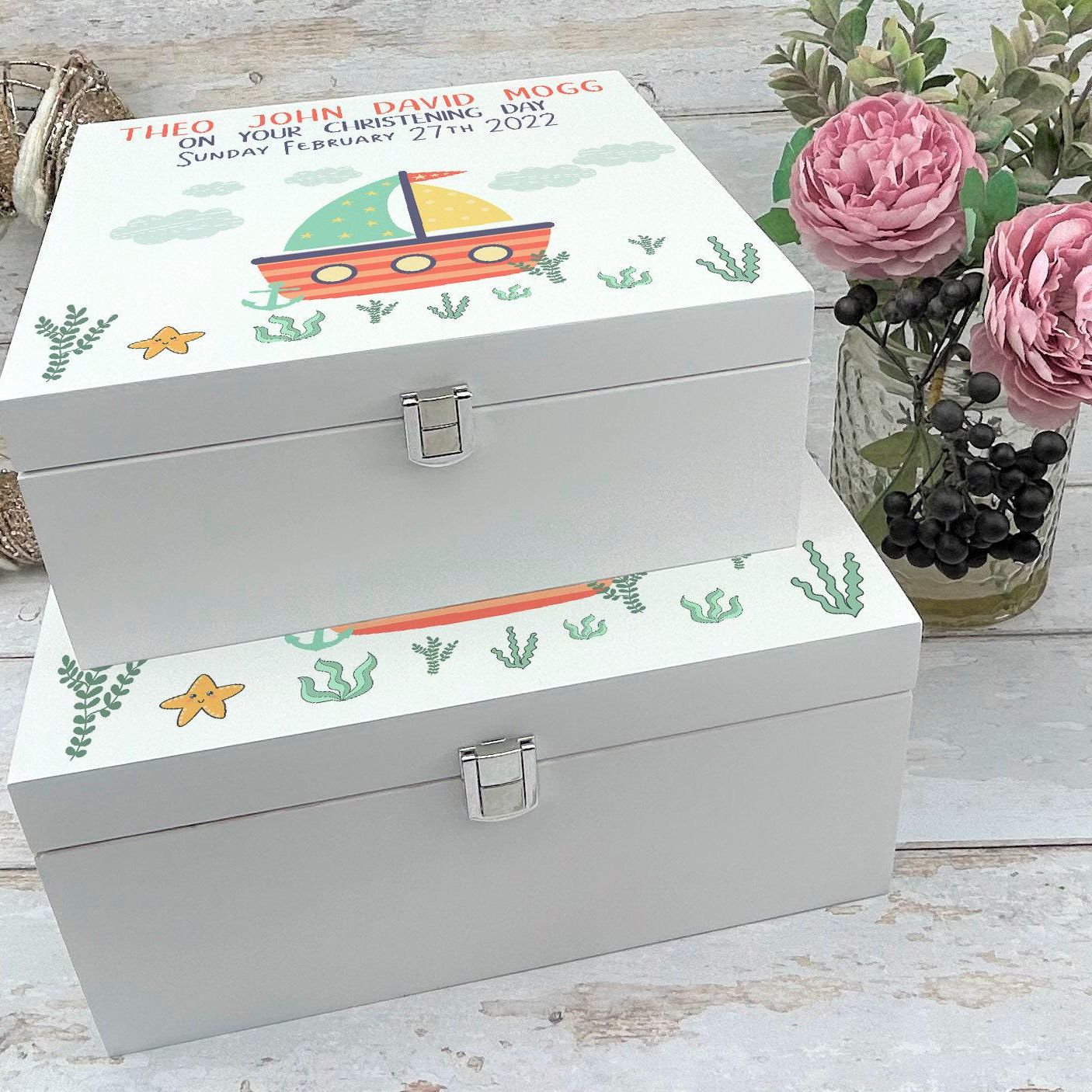 Sailing Boat Sailboat Design White Christening Memory Storage Box - Personalised New Baby Gift
