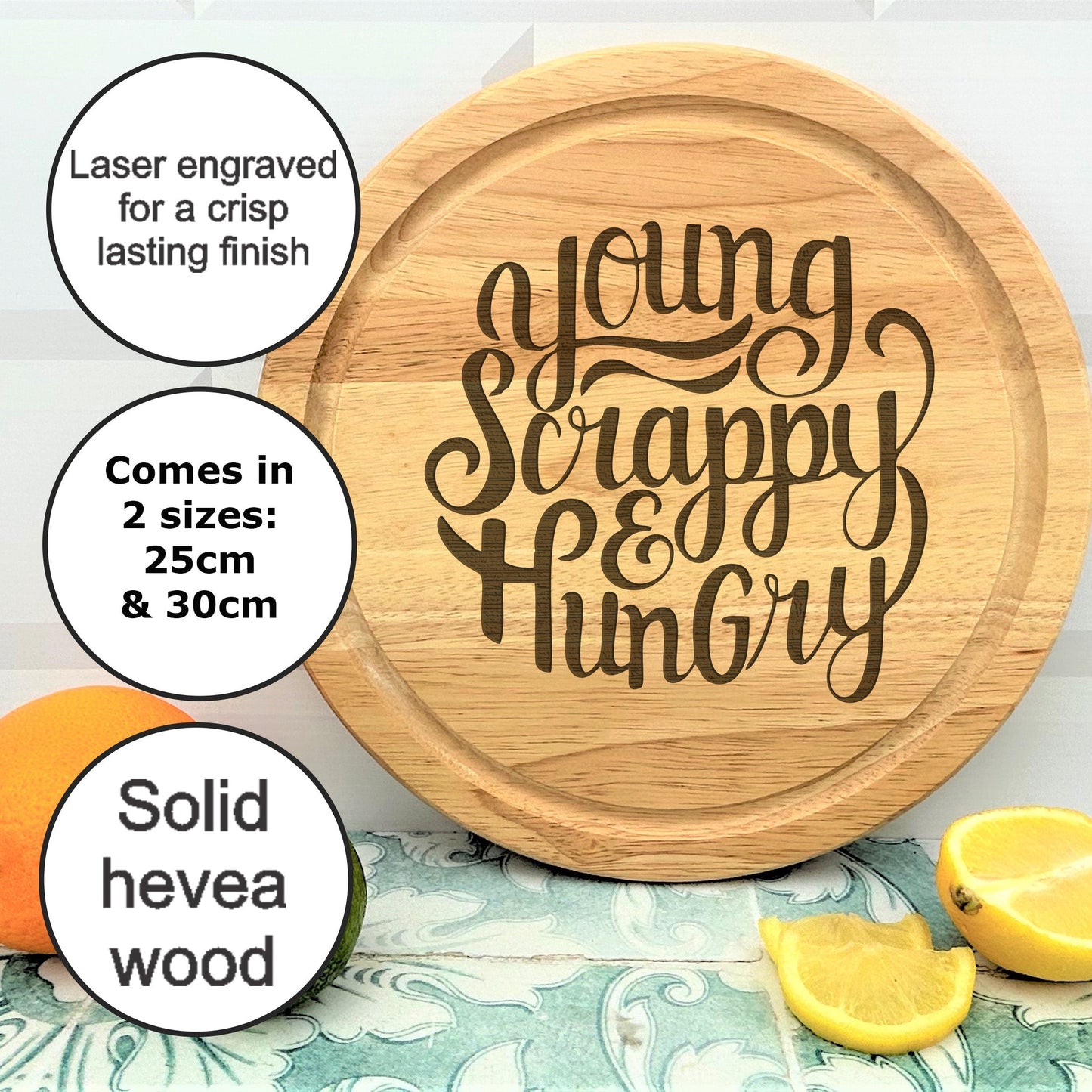a cutting board with the words young, happy, hungry on it