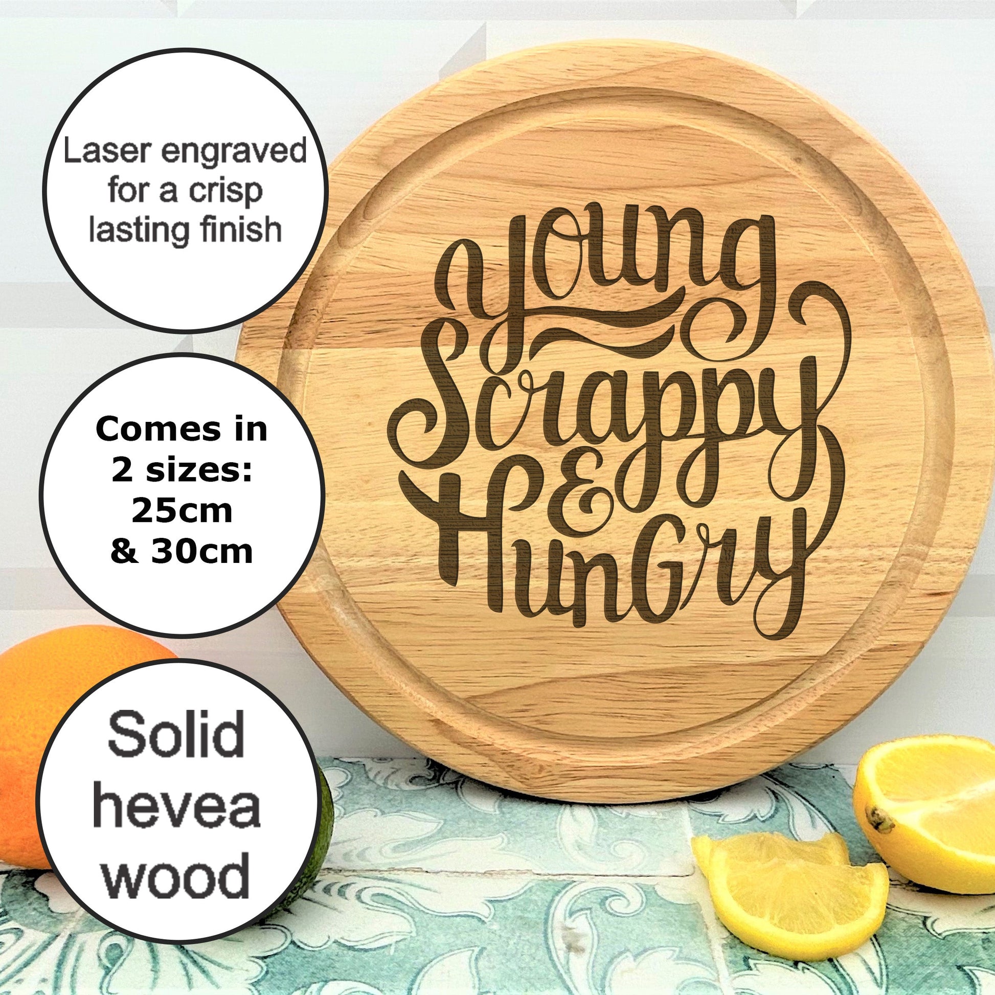 a cutting board with the words young, happy, hungry on it