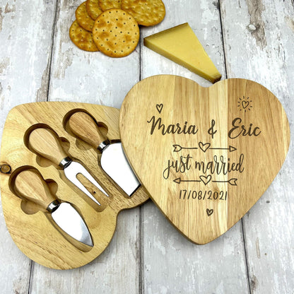 Just Married - Wedding Anniversary Valentine's Day - Heart Shape Cheese Board Set - Personalised Gift