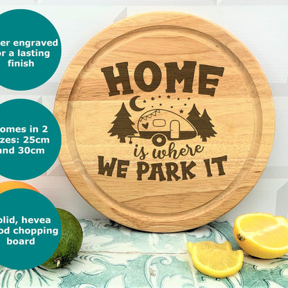 a wooden sign that says home is where we park it