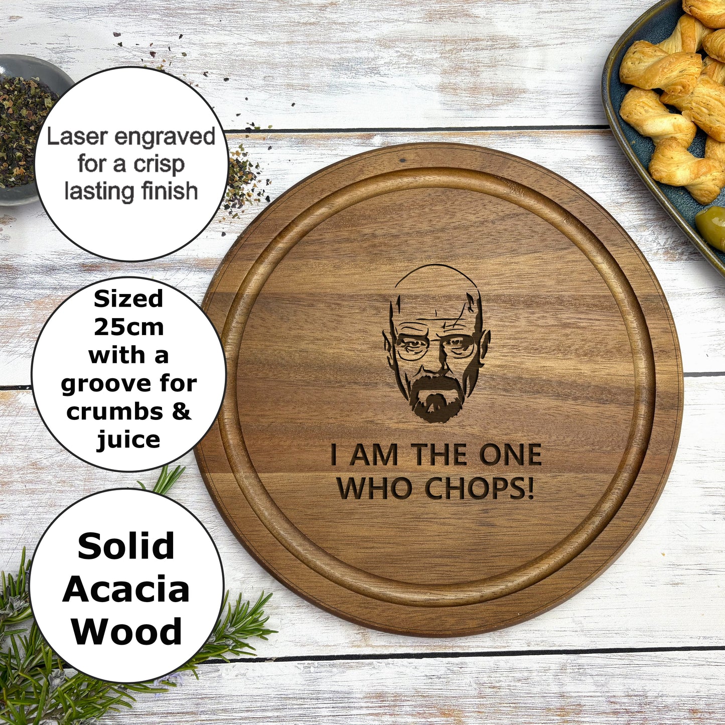 a wooden cutting board with a picture of a man's face on it