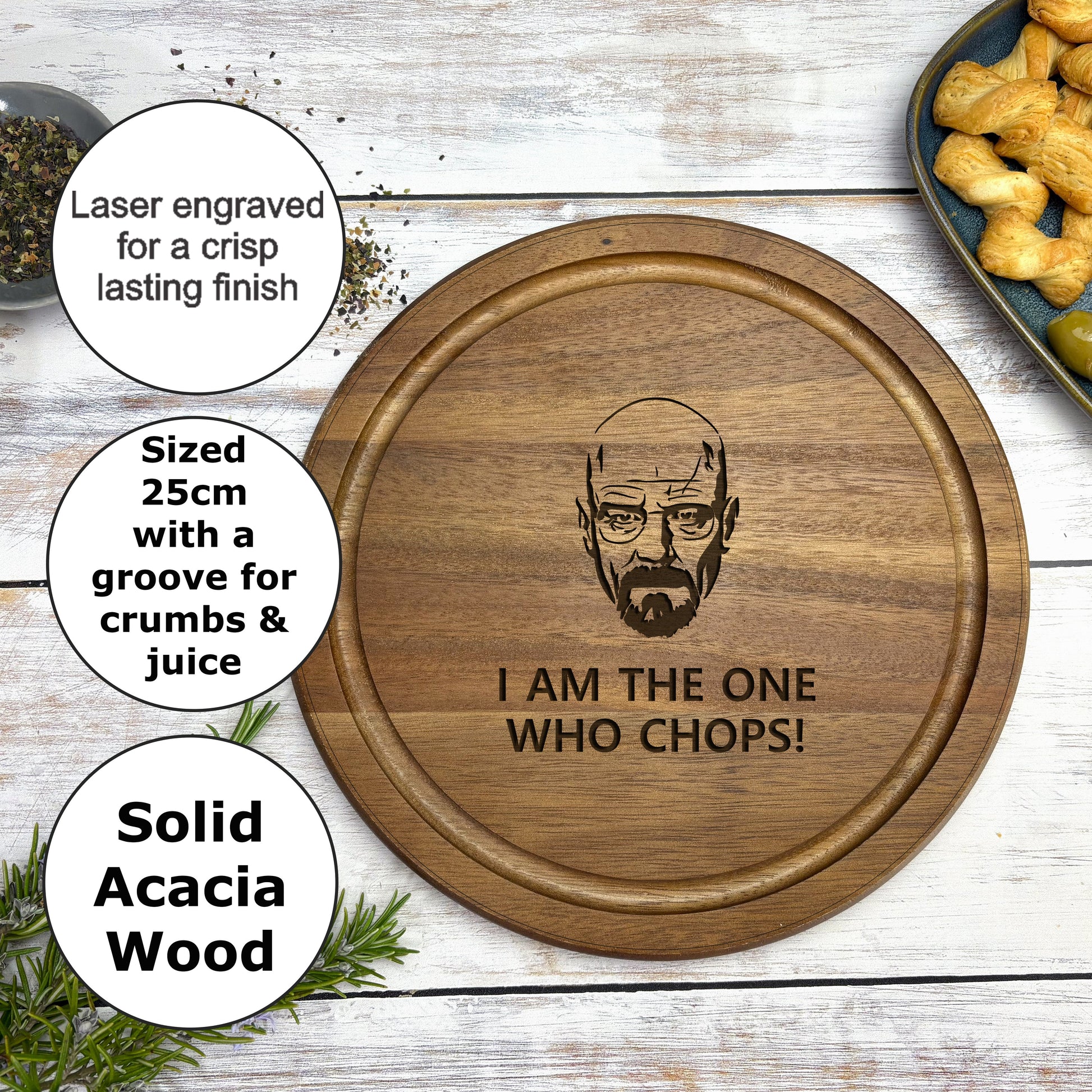 a wooden cutting board with a picture of a man's face on it