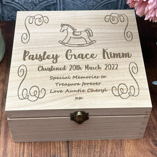 Rocking Horse Wooden Keepsake Memory Box Christening / New Baby Personalised Gift