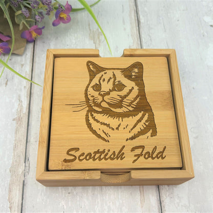 Scottish Fold Cat Engraved Bamboo Coaster Set New Home Décor House Warming Gift Christmas Gift Birthday Present Secret Santa
