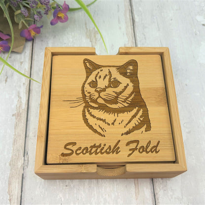 Scottish Fold Cat Engraved Bamboo Coaster Set New Home Décor House Warming Gift Christmas Gift Birthday Present Secret Santa