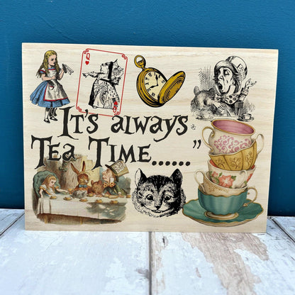 Alice in Wonderland "It's Always Tea Time" Colourful Illustration Plaque Decor