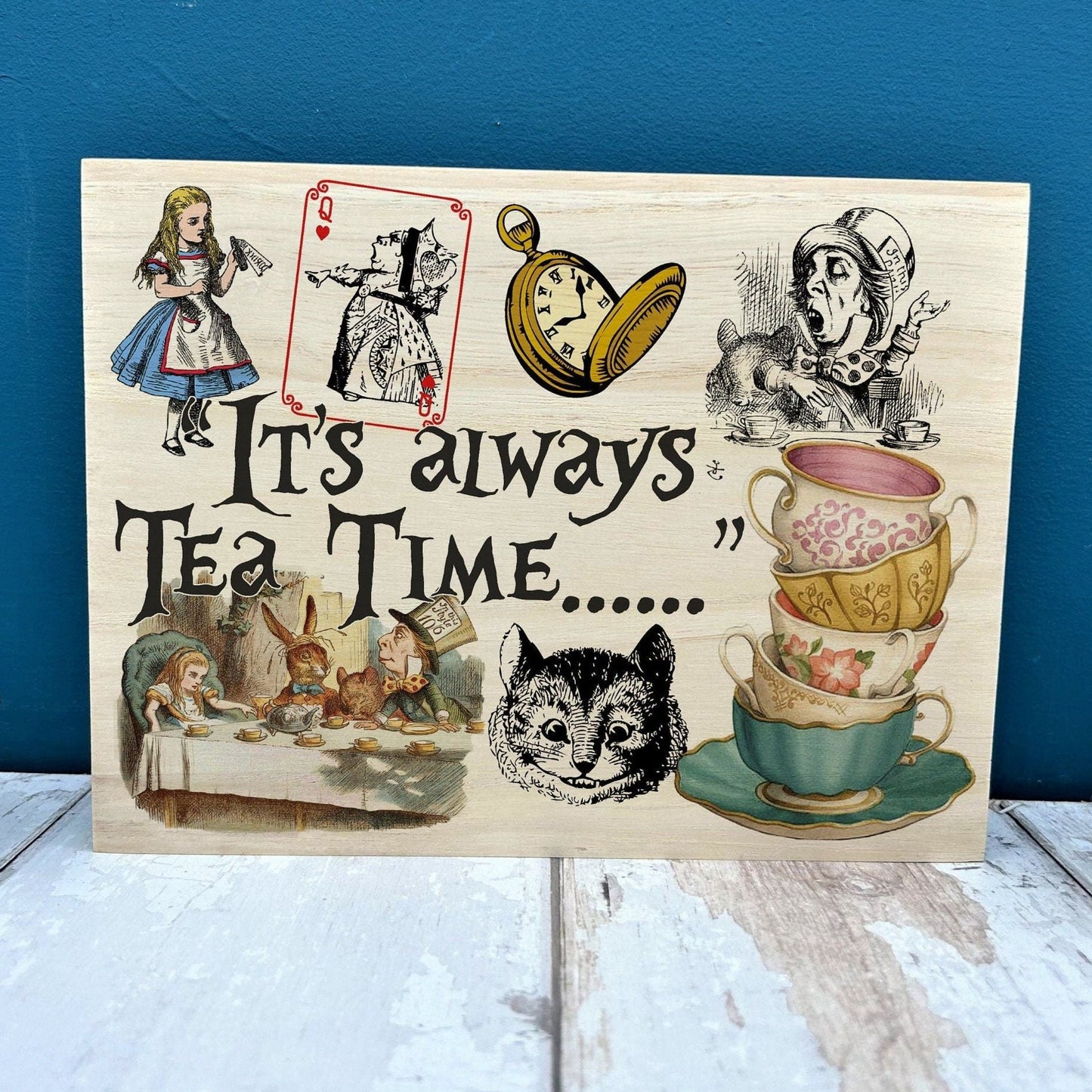 Alice in Wonderland "It's Always Tea Time" Colourful Illustration Plaque Decor