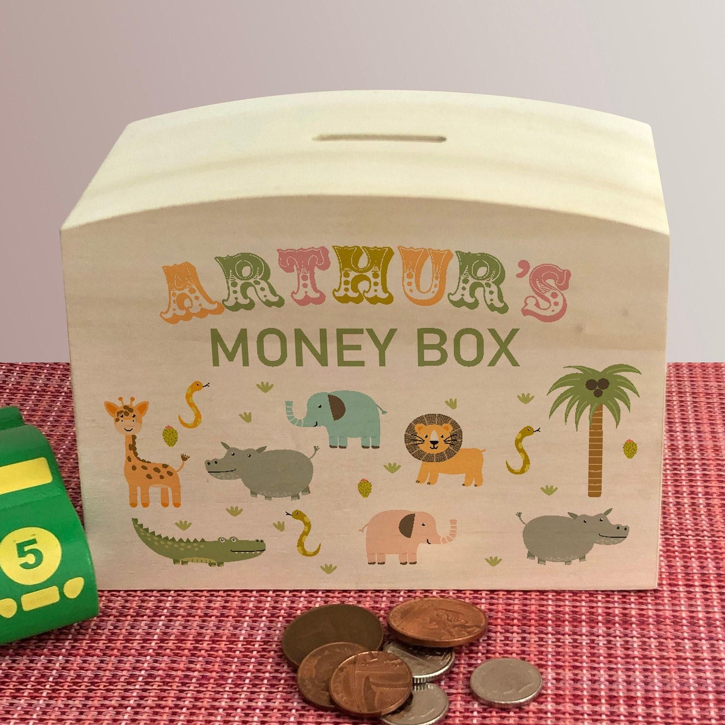 Jungle Animals Colourful Personalised Children's Wooden Money Box - Birthday Saving Gift