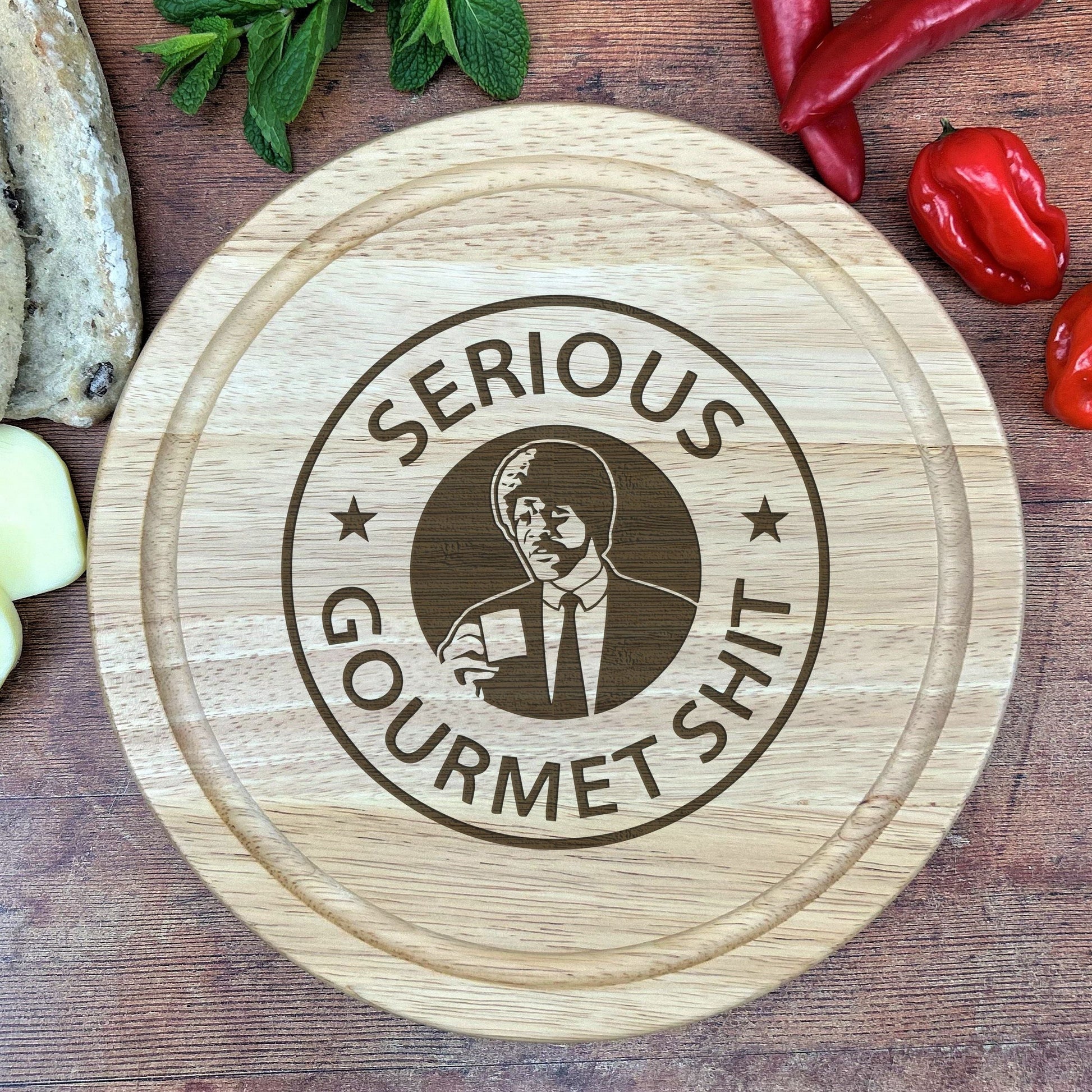 a wooden cutting board with a logo on it