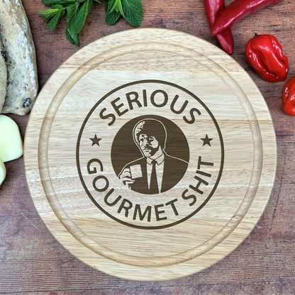 a wooden cutting board with a logo on it