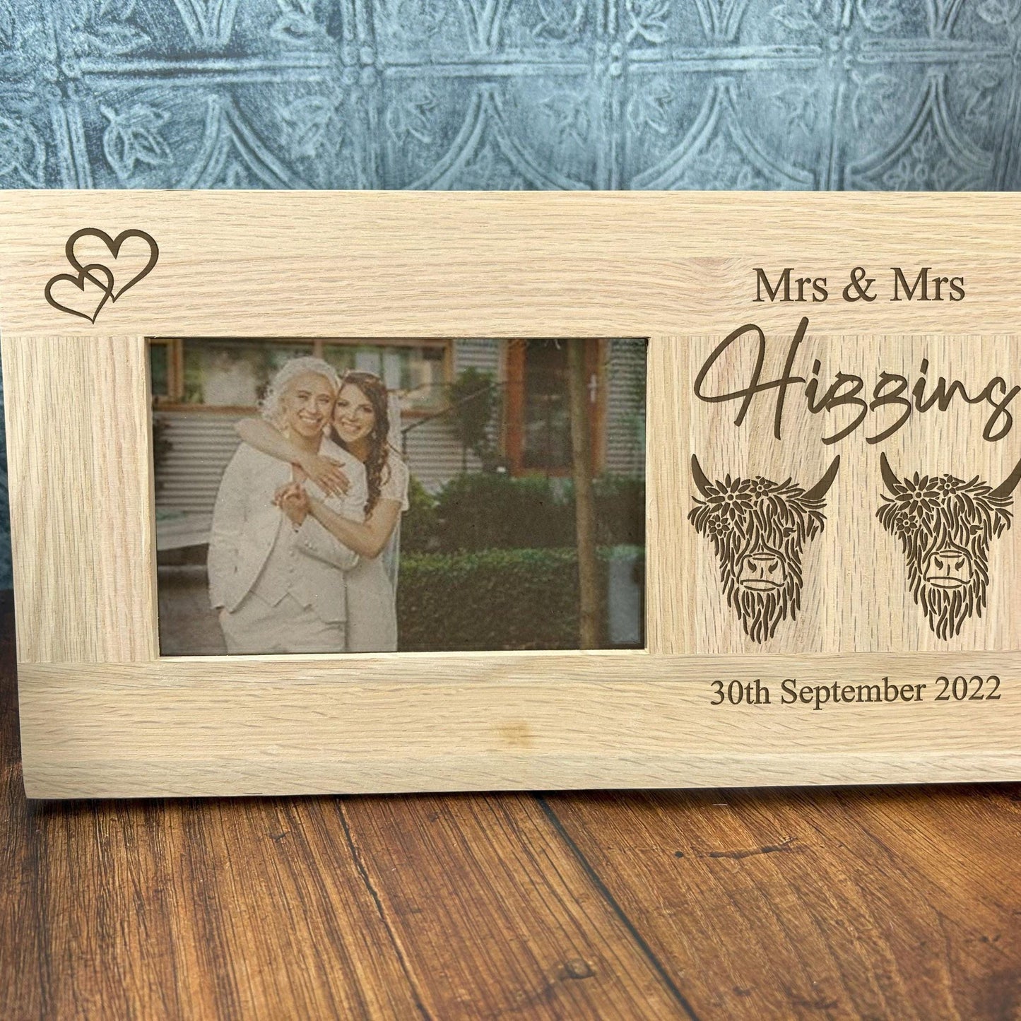 Mrs & Mrs Highland Cow Design Personalised Gift - Oak Photo Frame Wedding - Anniversary - Engagement - Lesbian LGBTQ