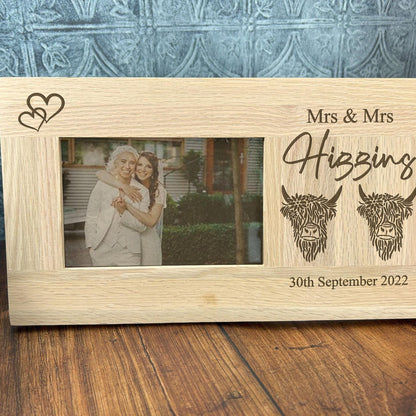 Mrs & Mrs Highland Cow Design Personalised Gift - Oak Photo Frame Wedding - Anniversary - Engagement - Lesbian LGBTQ